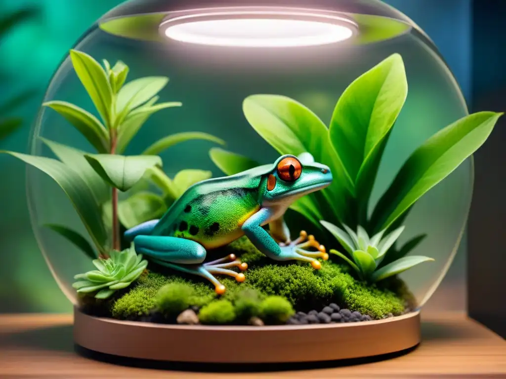 Terrario exótico con mascotas coloridas en su hábitat ideal Un refugio exuberante para mascotas exóticas: nido perfecto para reproducción de chameleons y ranas arborícolas