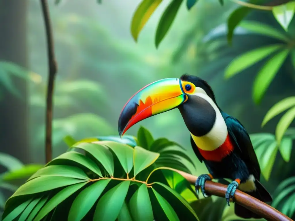 Encuentro mágico: niño y tucán en la selva Relación segura entre tucanes y niños en la selva: un niño y un tucán se miran con asombro y confianza en un entorno exuberante y colorido