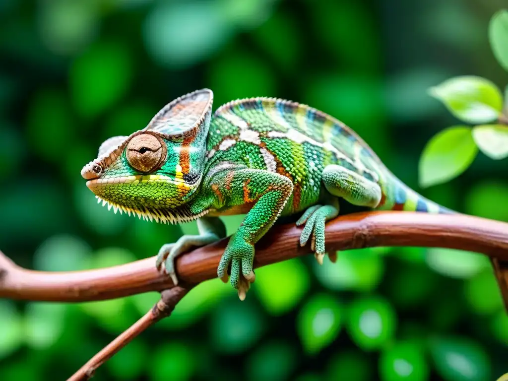 Chamaleón exótico en rama: detalle único y vibrante Reptil exótico en rama, colores vibrantes bajo luz filtrada en la selva
