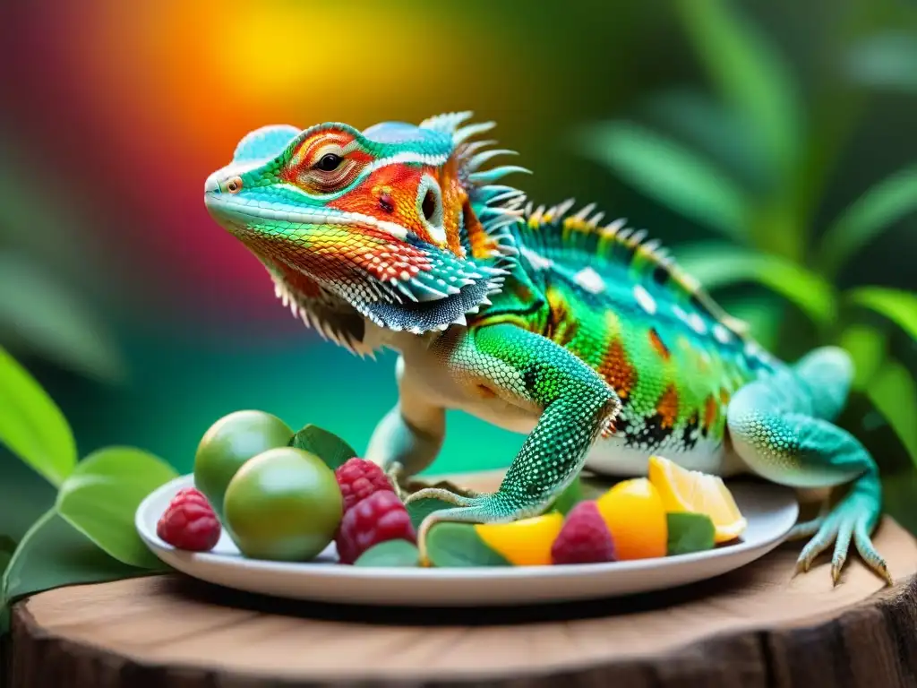 Un reptil majestuoso disfrutando de alimentos premium coloridos en un entorno vibrante