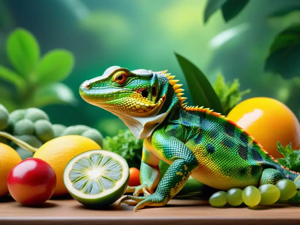 Un reptil radiante y saludable rodeado de alimentos premium, reflejando vitalidad