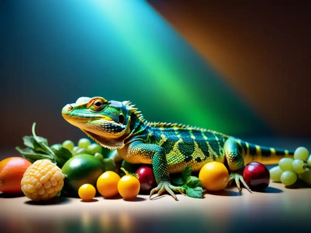 Un reptil vibrante y saludable bajo un foco con escamas brillantes y piel radiante rodeado de alimentos premium