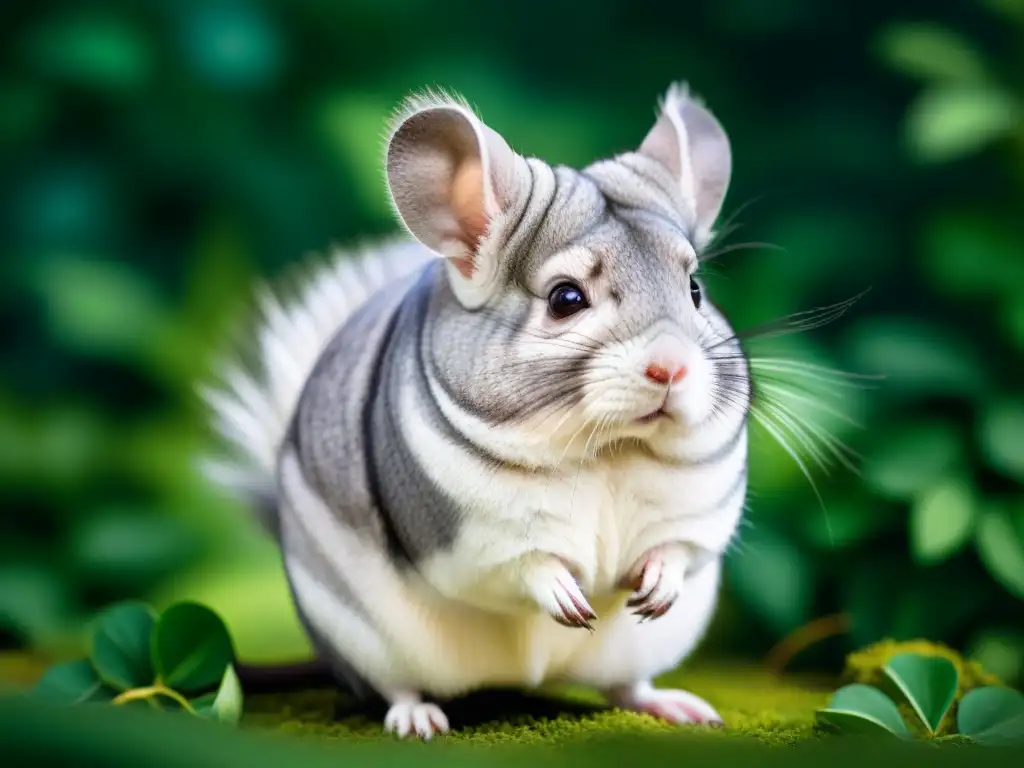 Retrato fotorealista de una sabia chinchilla anciana Retrato detallado de una chinchilla anciana sabia y digna, transmitiendo tranquilidad y armonía en un entorno verde