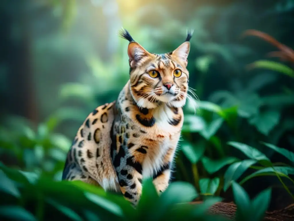 Retrato fotorealista de majestuoso felino exótico en la selva Retrato detallado de un majestuoso felino exótico con cuidado piel y pelaje, bajo la suave luz del sol en la jungla