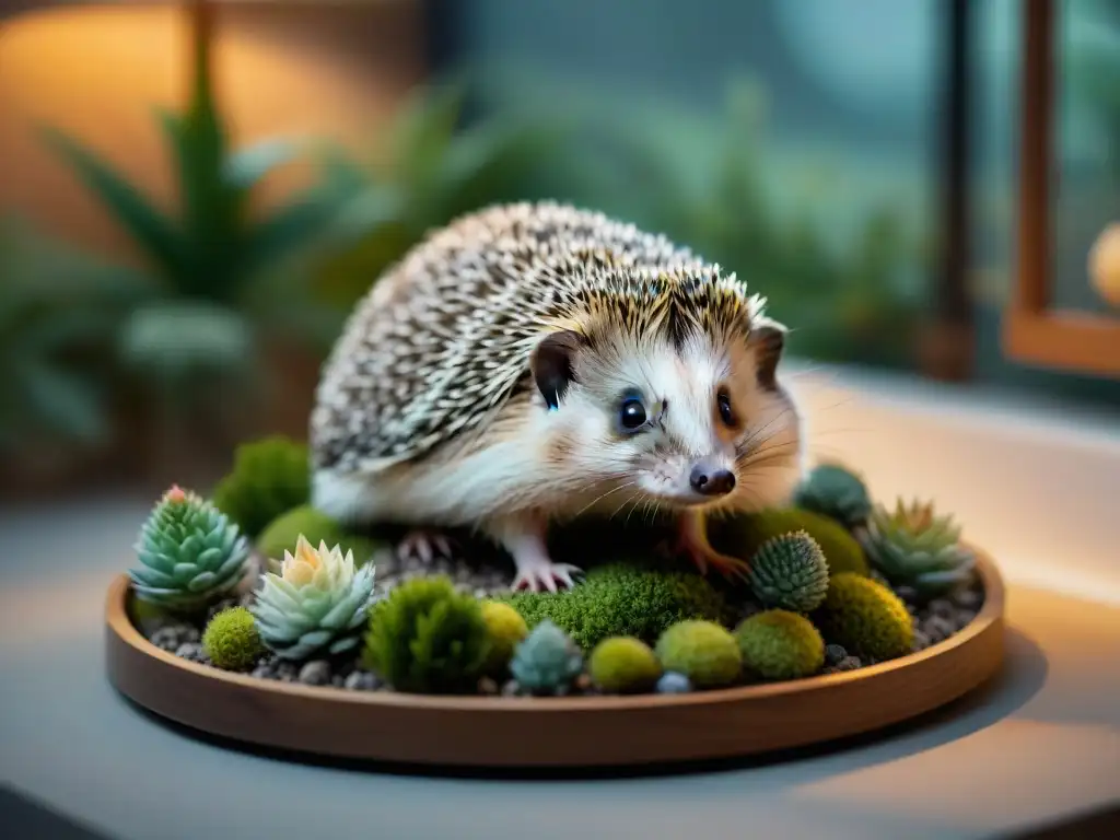 Rincón acogedor: terrario detallado para erizo Un rincón acogedor con un hábitat detallado para un erizo mascota exótico