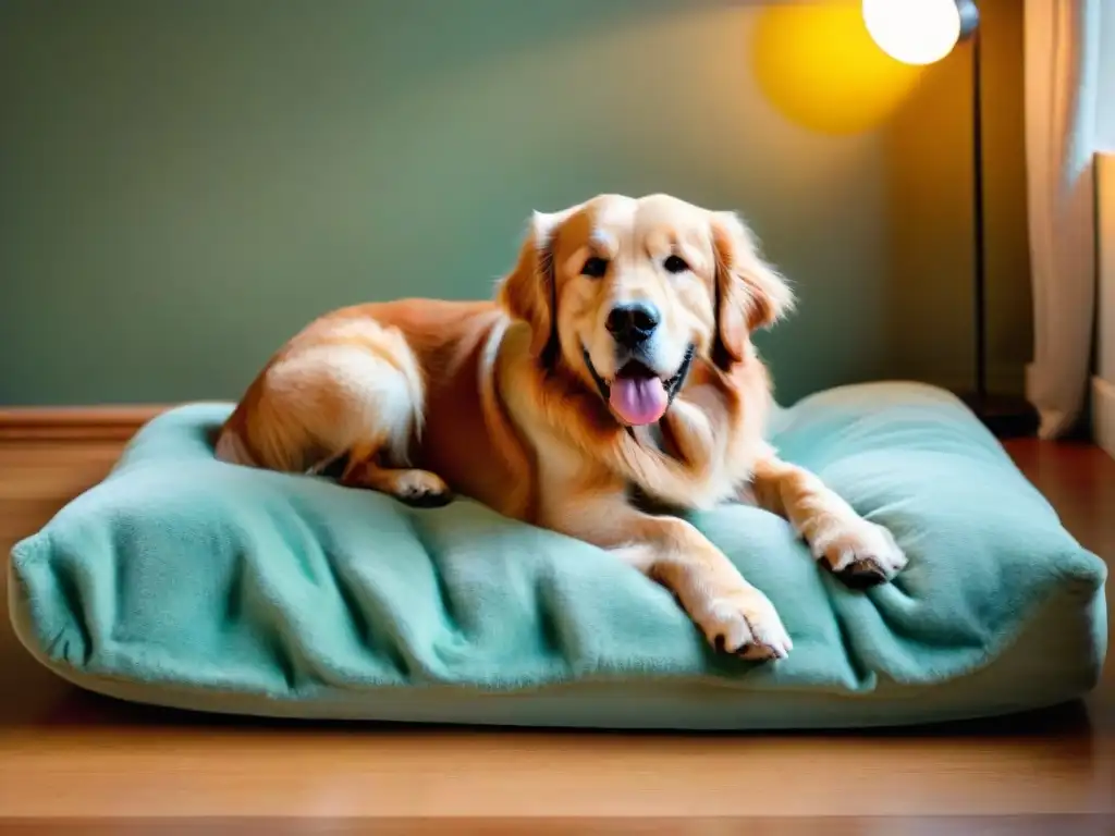 Tranquilidad dorada: Retriever senior en confort Un sabio golden retriever mayor descansa plácidamente en su cama con manta