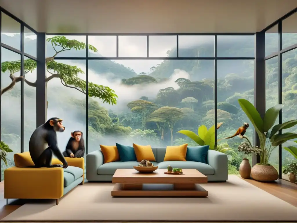 Armonía entre humanos y primates en sala de estar exótica Una sala acogedora con primates y humanos interactuando en armonía, destacando una convivencia respetuosa y enriquecedora para mascotas exóticas