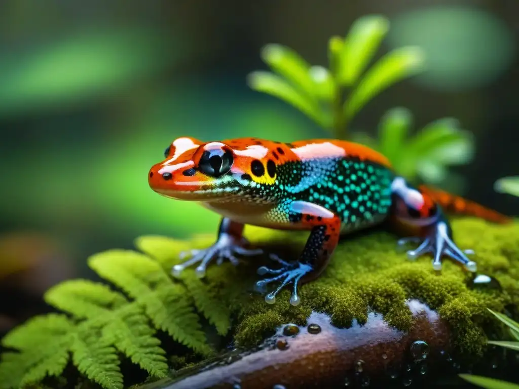 Salamandra vibrante en hábitat exuberante Una salamandra vibrante y saludable en su hábitat, rodeada de agua cristalina y luz del sol filtrándose entre la densa vegetación