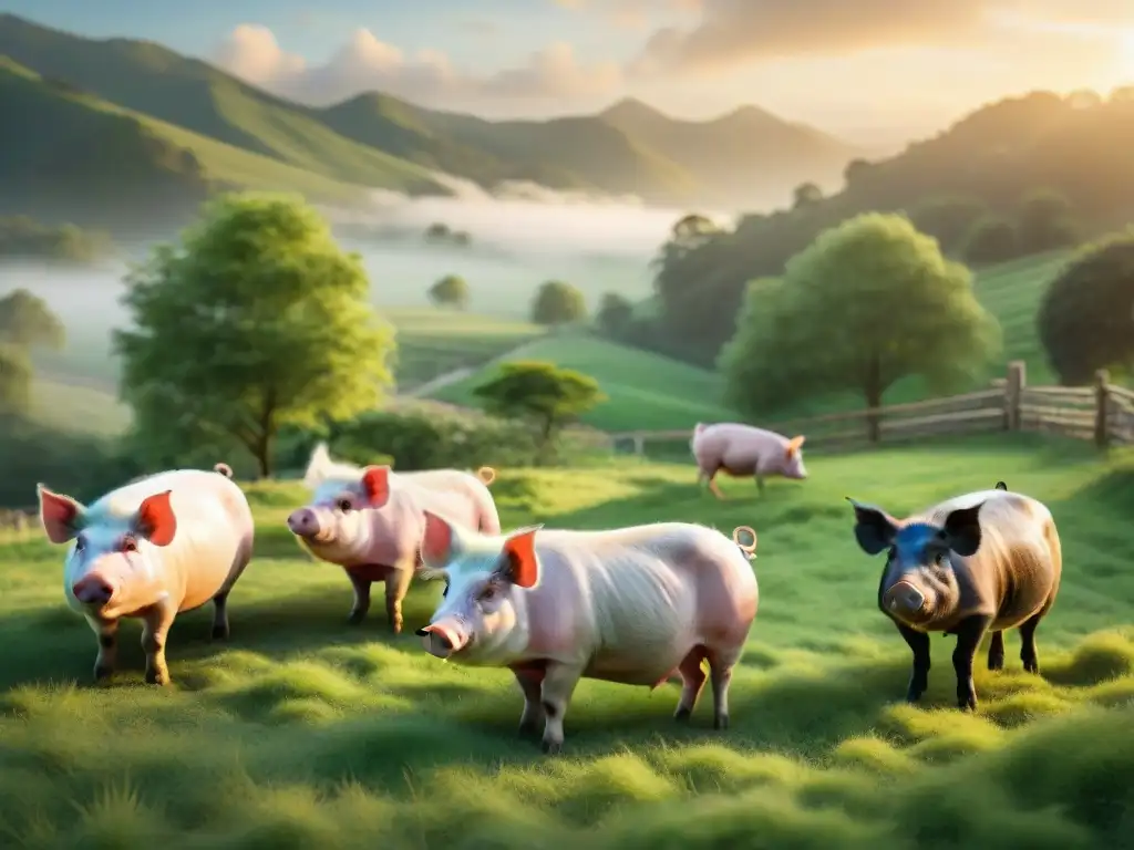 Un santuario de mini pigs exóticos en un paisaje idílico y sereno al atardecer