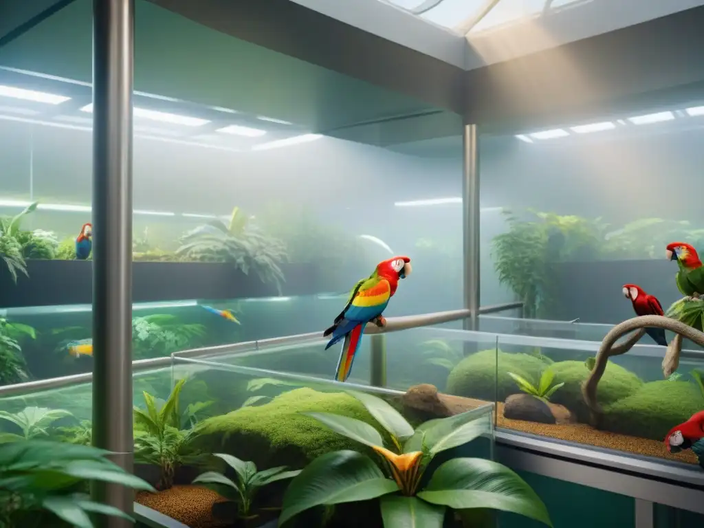 Exóticas mascotas en biobanco: conservación genética futurista Un santuario futurista muestra una diversidad de mascotas exóticas en armonía