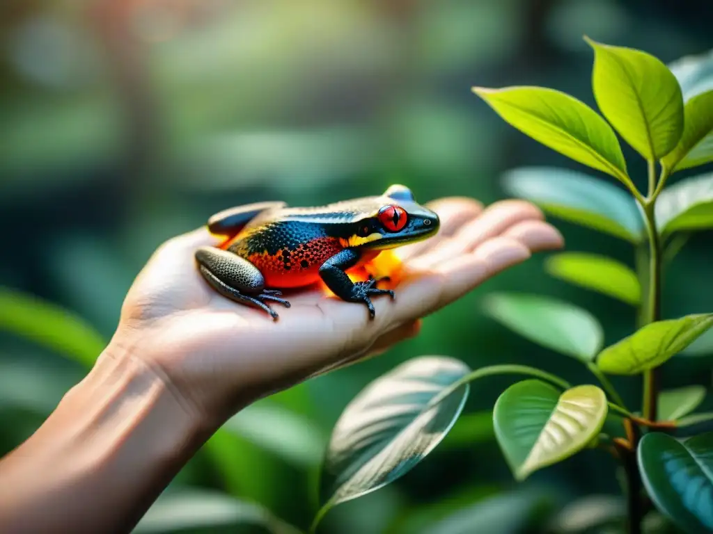 Salamandra roja en mano: detalle y delicadeza en la naturaleza Interacción segura con salamandras en un bosque verde y soleado