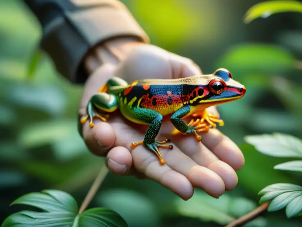 Mágico encuentro en el bosque: Salamandra roja y amarilla en mano Interacción segura con salamandras: Persona sostiene delicadamente una Salamandra roja y amarilla en la mano, en un bosque sereno y natural