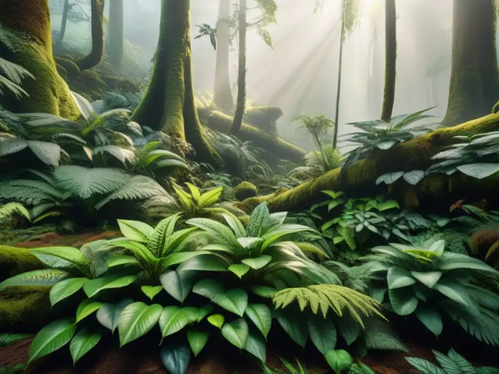 Bosque prehistórico con fásmidos camuflados Una selva prehistórica exuberante repleta de insectos antiguos, destacando una diversidad de fásmidos camuflados entre la vegetación