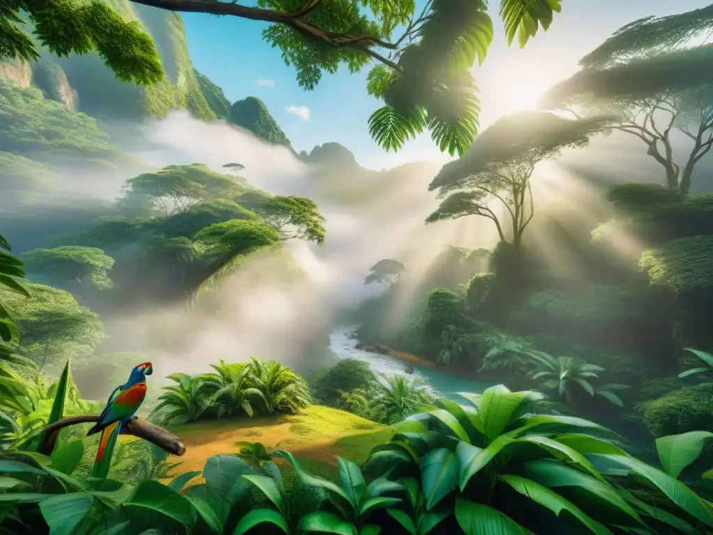 Una selva serena donde conviven animales exóticos en armonía