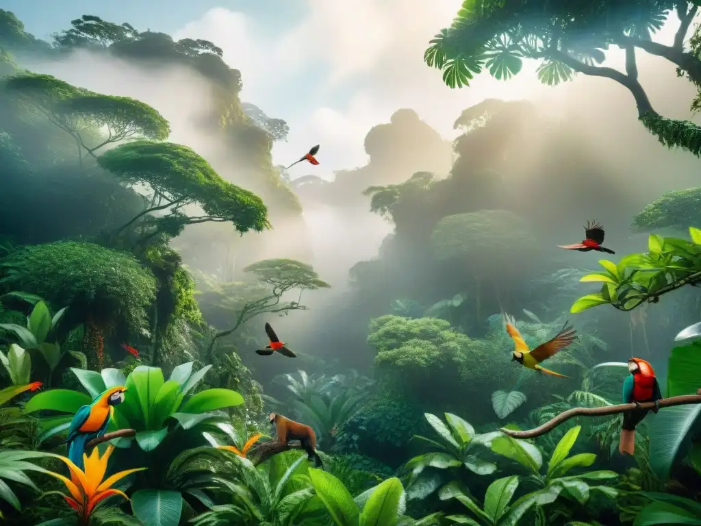 Selva exótica rebosante de vida y peligros Una selva tropical exuberante con fauna exótica y mascotas escapadas