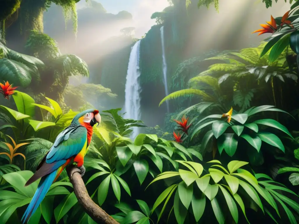 Una selva vibrante con mascotas exóticas en su hábitat natural: un loro colorido, un mono curioso y una pantera elegante