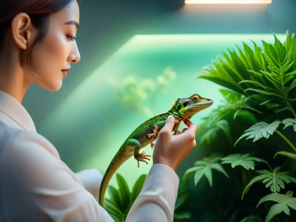 Terapia con lagarto: conexión serena en un oasis verde Un sereno momento de terapia con un lagarto, transmitiendo confianza y tranquilidad