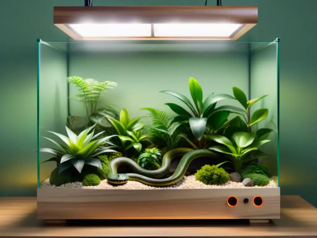 Terrario vibrante para serpiente: confort y estimulación Un serpenterio vibrante con accesorios esenciales, juguetes y plantas exuberantes para la comodidad y estimulación de la serpiente