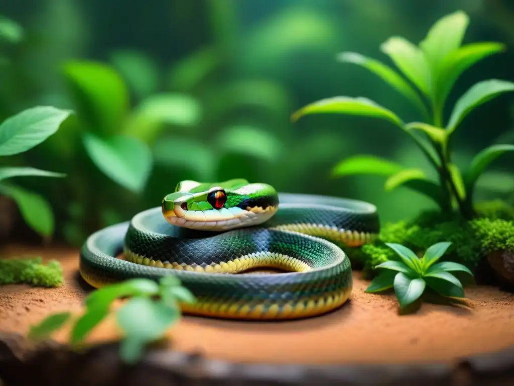Serena serpiente en terrario: detalle ultrarrealista y acogedor Una serpiente mascota relajada y feliz en un terrario acogedor y seguro, rodeada de vegetación exuberante