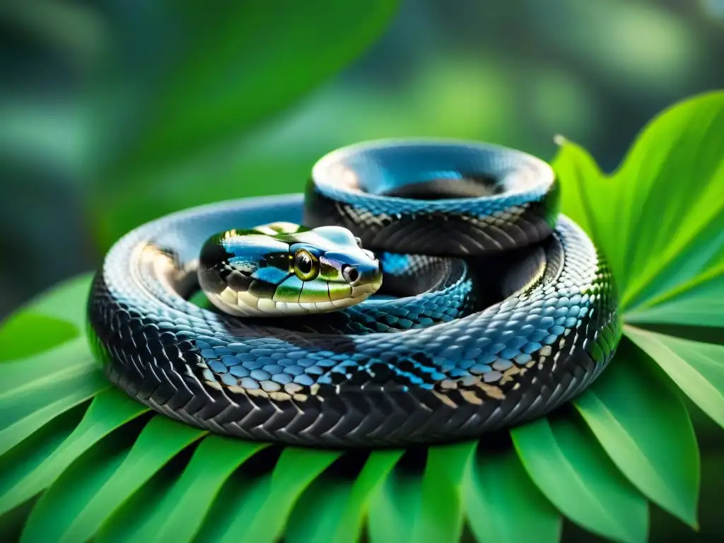 Exótica serpiente negra en hoja verde brillante Una serpiente negra brillante y elegante reposa en una hoja verde mientras sus escamas relucen al sol