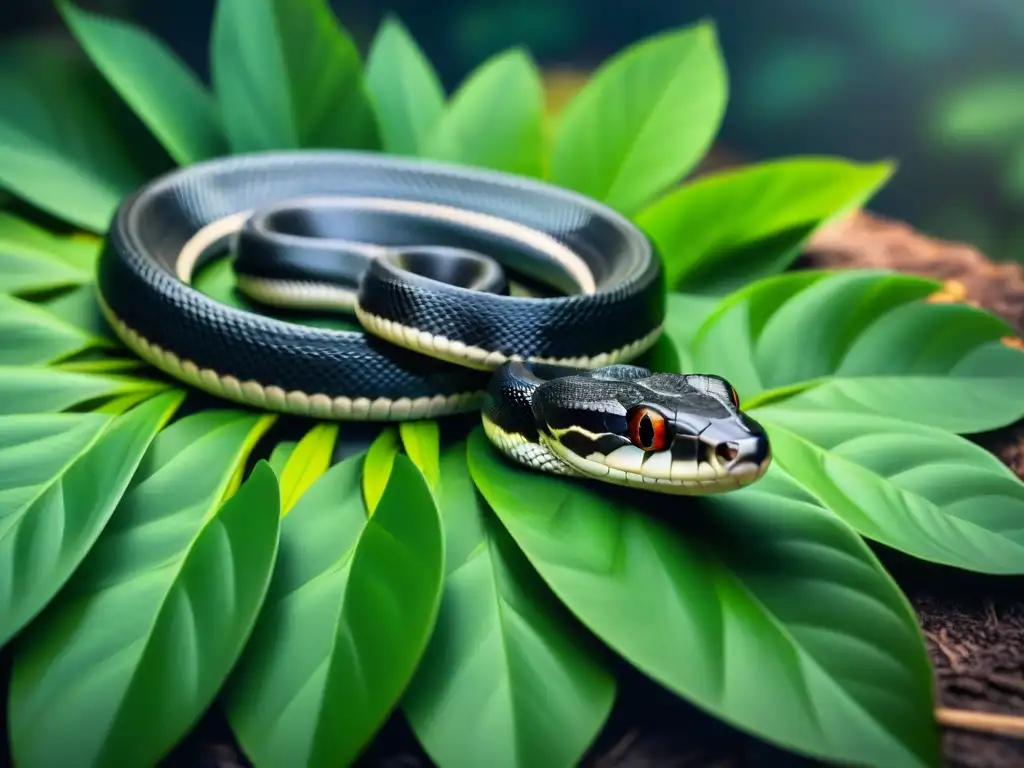 Serena serpiente negra en hojas verdes Una serpiente negra brillante descansa sobre hojas verdes, con la luz del sol creando sombras en sus escamas