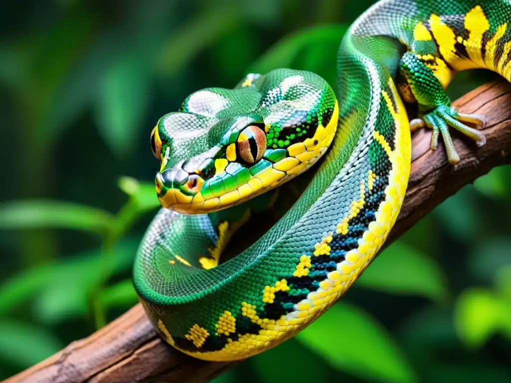 Esencia serpentina: Pitón verde en la selva tropical Una serpiente pitón verde vibrante criada en cautiverio, enroscada grácilmente en una rama en la exuberante selva tropical