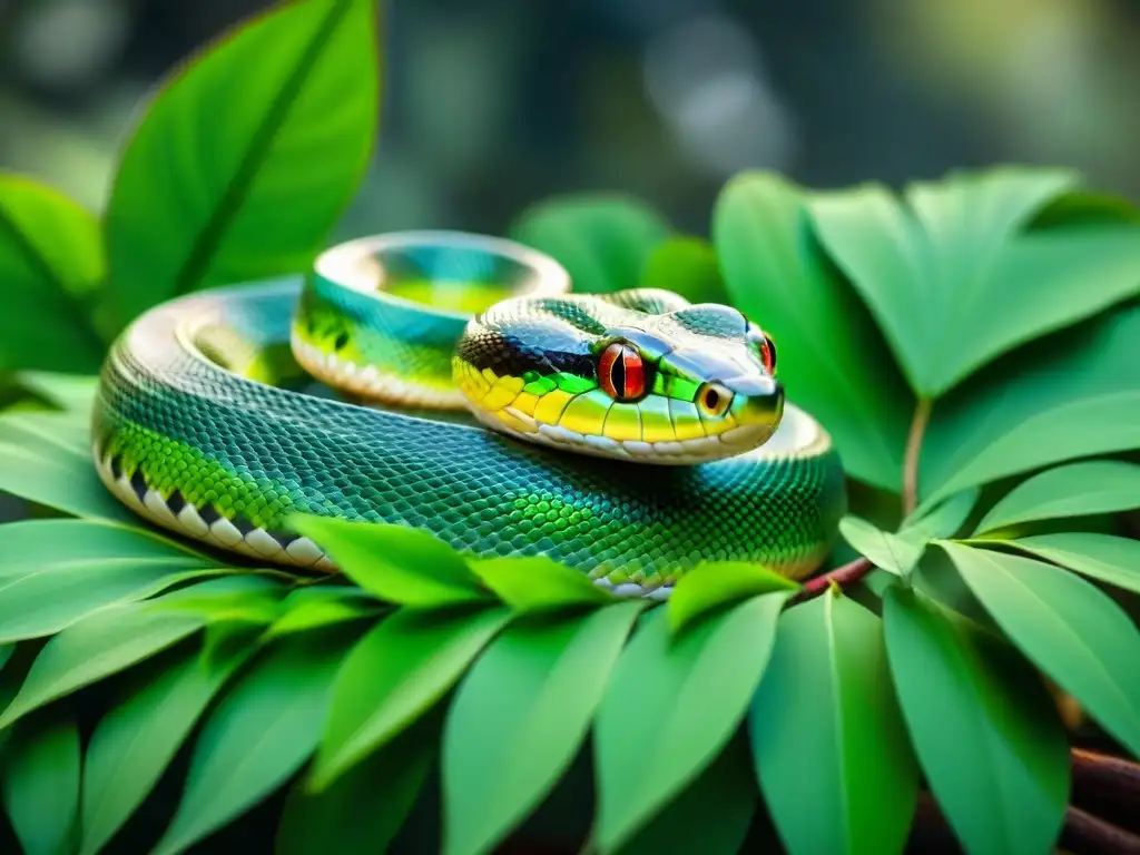 Espectacular serpiente verde en hojas exuberantes Una serpiente verde vibrante, elegante y segura para serpiente mascota, en un lecho de hojas verdes exuberantes