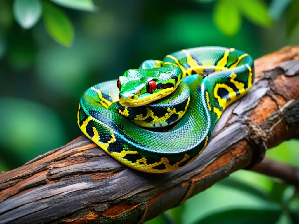 Fascinante pitón verde en la jungla Una serpiente pitón verde vibrante enroscada en una rama, con escamas relucientes bajo la luz del sol