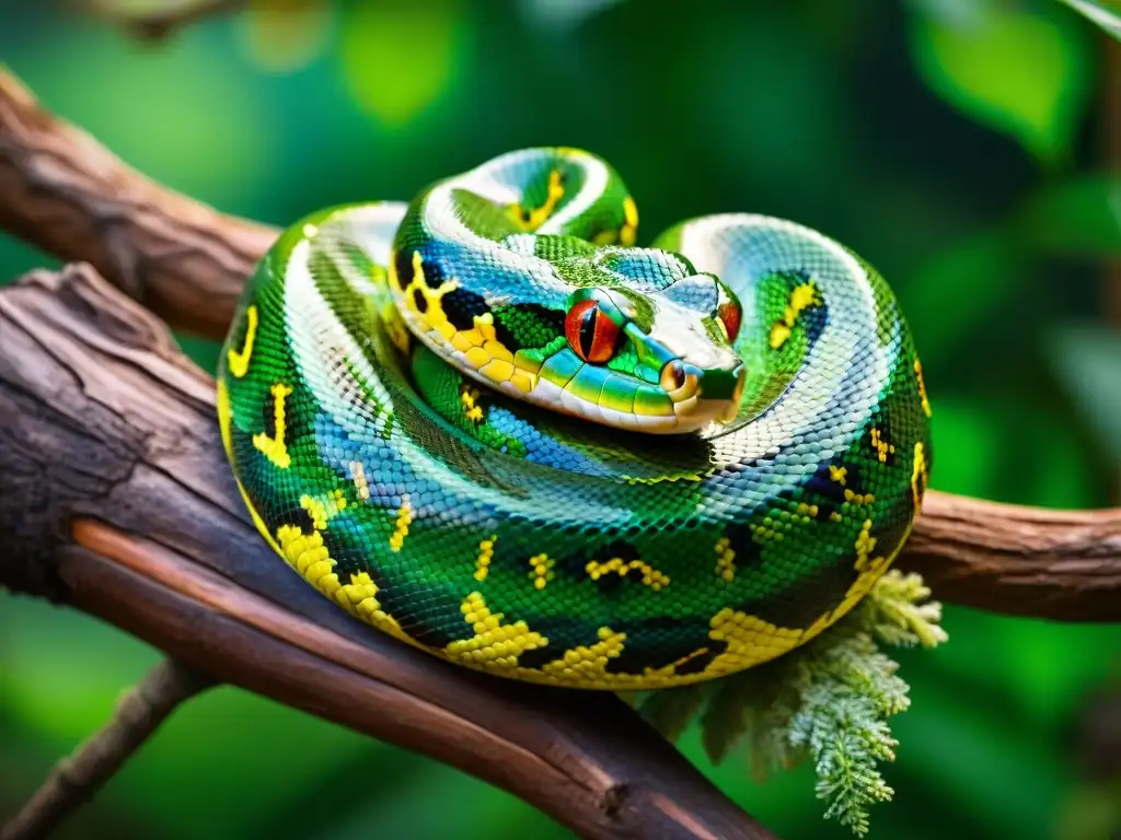 Python esmeralda: detalle fascinante en la selva tropical Una serpiente pitón verde vibrante enroscada en una rama, con escamas brillantes bajo la luz del sol