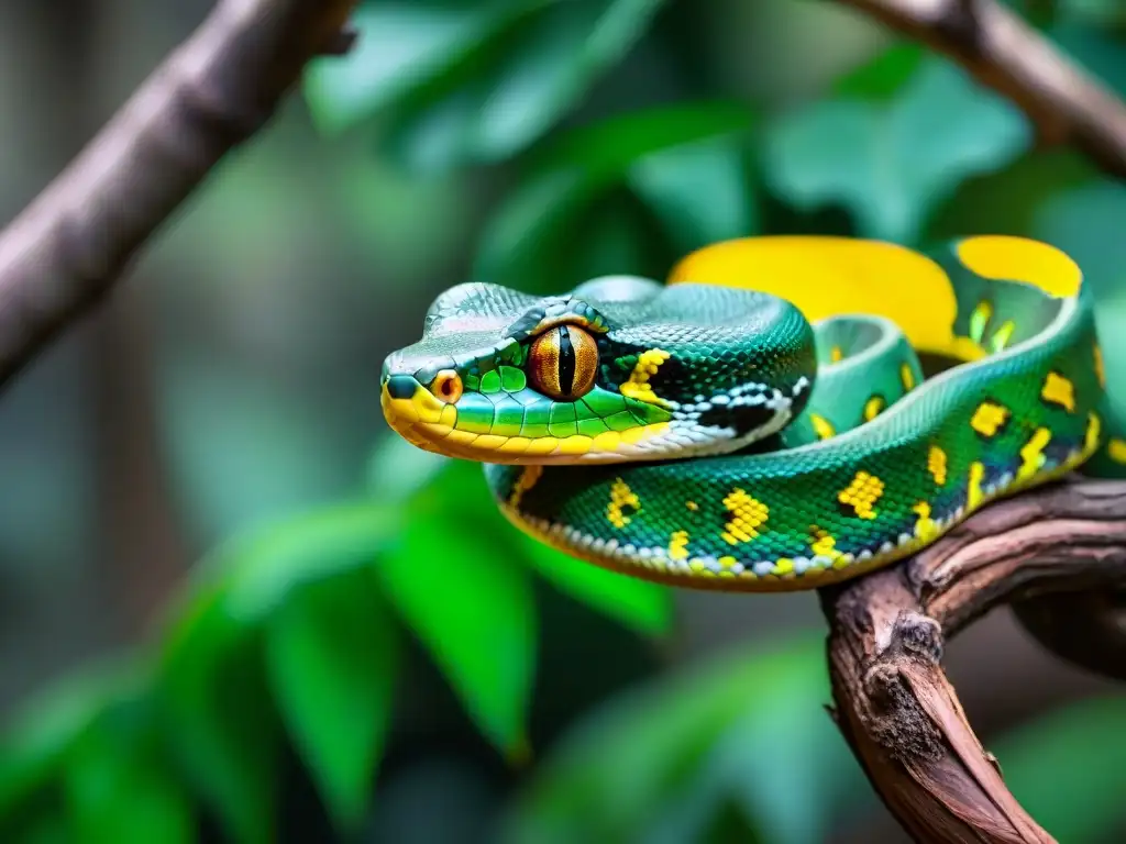 Espectacular pitón verde en la selva: belleza y misterio Una serpiente pitón verde vibrante enroscada en una rama, con escamas detalladas y ojos amarillos