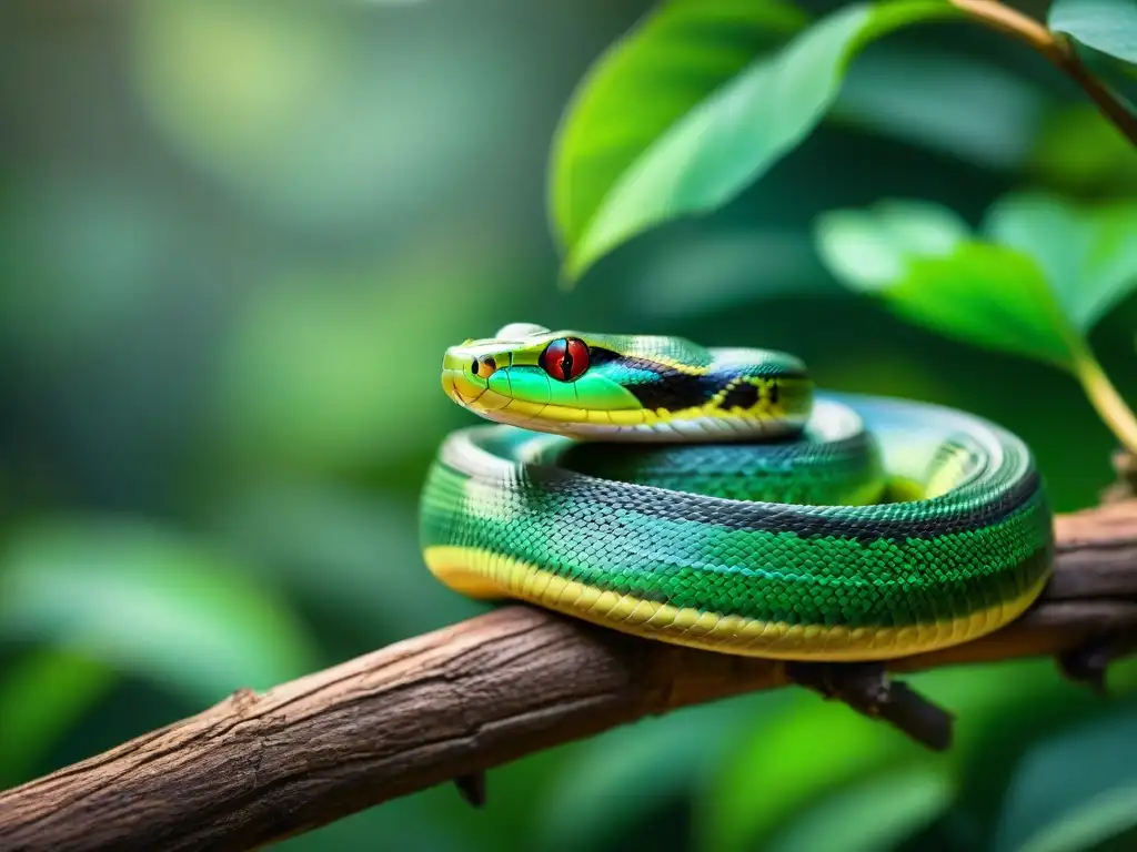 Serpiente verde exótica en rama, detalle y elegancia en la naturaleza Una serpiente verde vibrante descansa elegantemente en una rama, bajo la luz en la selva