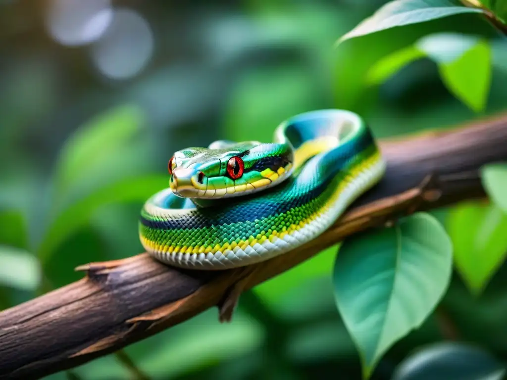Serpeante exótico: belleza en escamas iridiscentes Una serpiente vibrante descansa elegantemente en una rama, con escamas iridiscentes bajo la luz filtrada entre el follaje verde exuberante