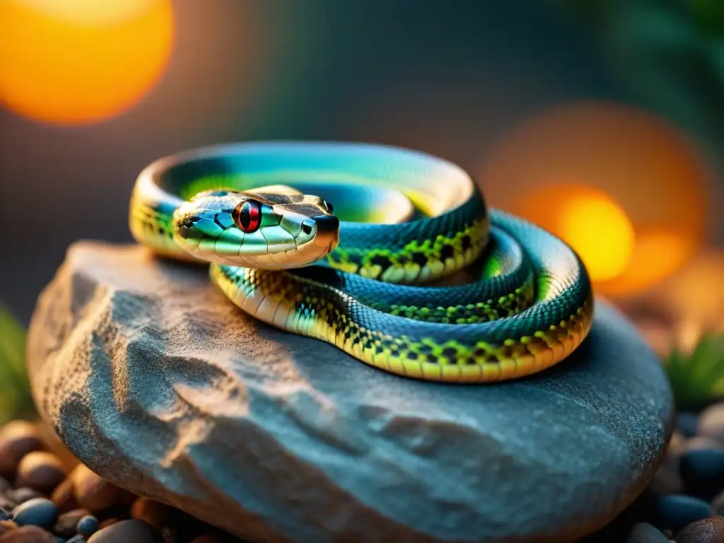 Serpiente vibrante en roca: ilustración detallada Una serpiente vibrante descansando en una roca bajo una lámpara de calor, seguro para serpiente mascota
