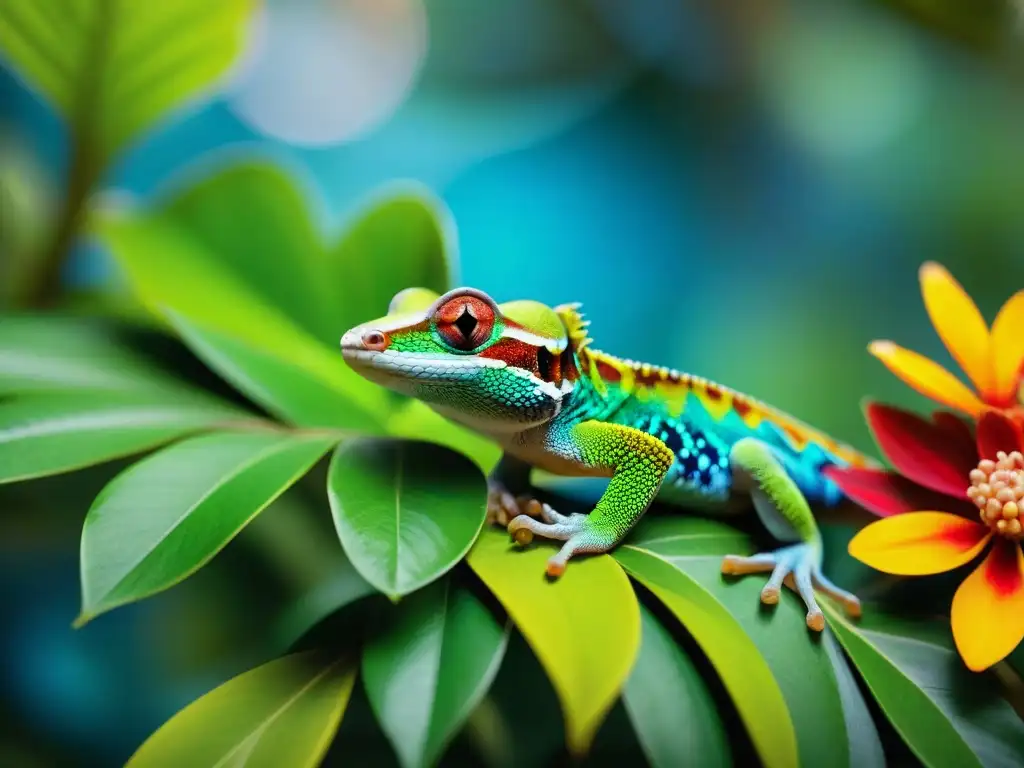 Geckos coloridos en la selva: belleza natural Una sinfonía de colores arcoíris: diversidad de especies de geckos se exhiben en un exuberante follaje tropical
