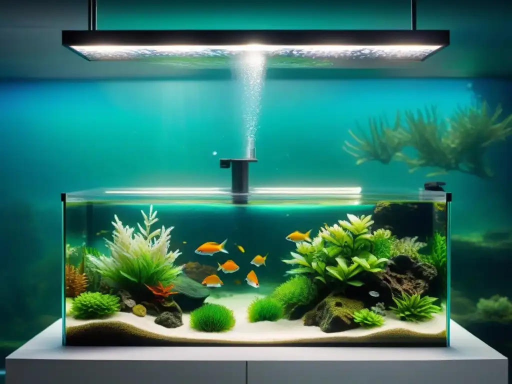 Acuario moderno con sistema de filtración eficiente Instalar sistema de filtración de acuario paso a paso con diseño elegante y efectivo, rodeado de plantas acuáticas y peces coloridos