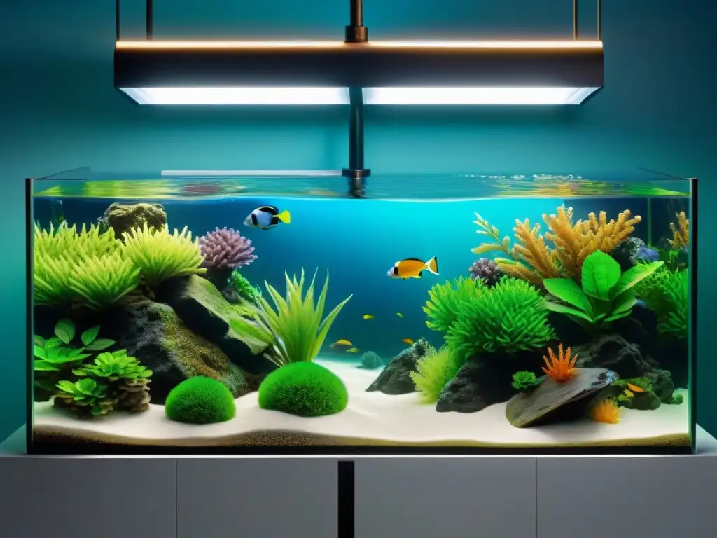 Avanzado sistema de filtración de acuario: eficiencia y belleza Un sistema de filtración para acuarios de última generación, mostrando componentes mecánicos, biológicos y químicos en armonía