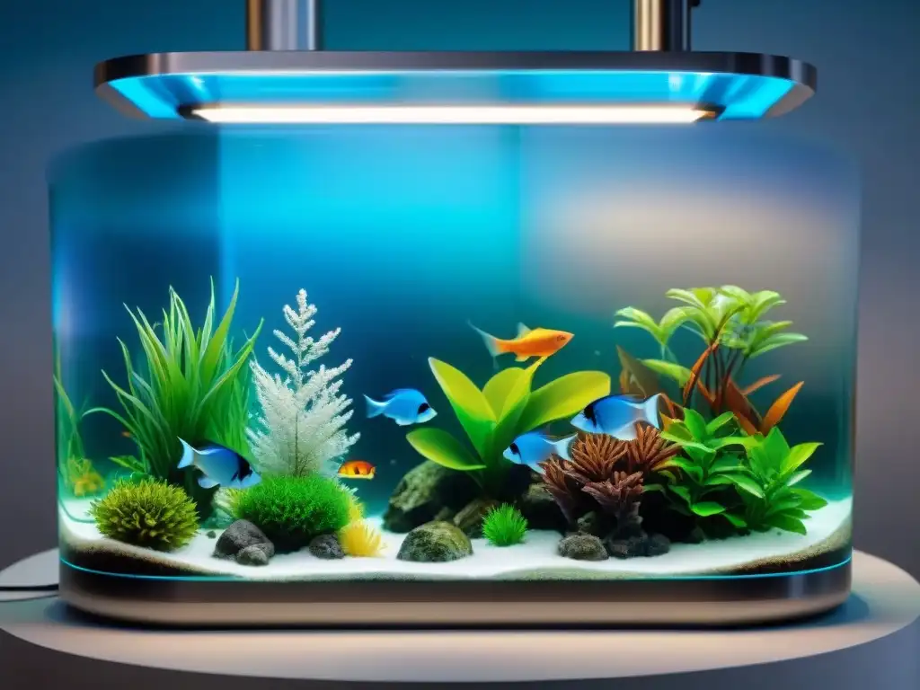 Aquarium futurista: tecnología de filtración avanzada Un sistema de filtración para acuarios futurista con luces azules brillantes, tuberías intrincadas y pantallas digitales avanzadas