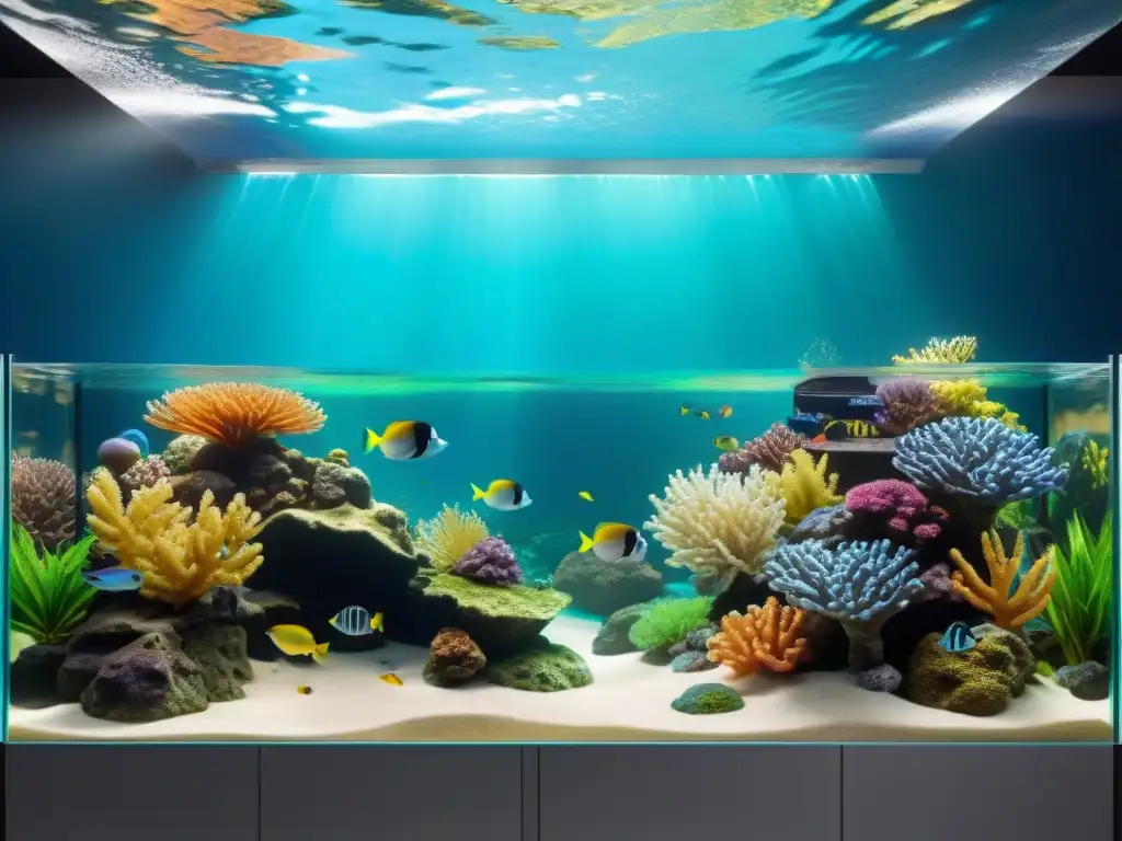 Acuario de alta tecnología: filtración avanzada y diseño elegante Un sistema de filtración para acuarios de última generación, eficiente y elegante, iluminado con luces LED