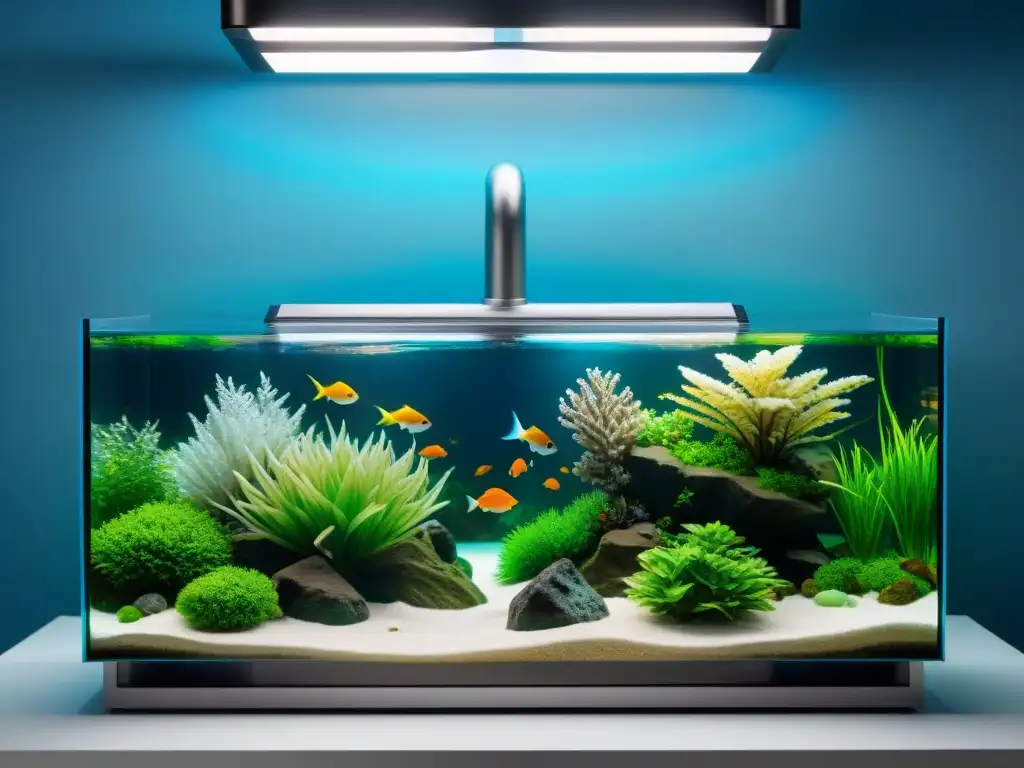 Acuario de alta tecnología: filtración avanzada y luces LED Un sistema de filtración de acuarios de última generación iluminado por luces LED azules suaves, mostrando la eficiencia tecnológica
