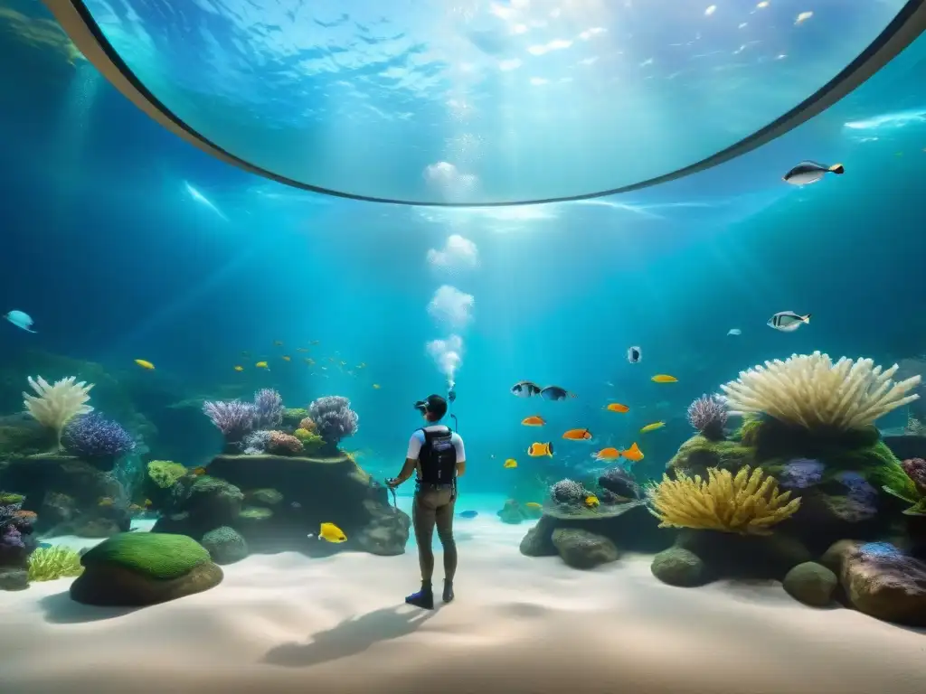 Acuario de última generación: tecnología y belleza submarina Un sistema de filtración para acuarios de vanguardia integrado en un entorno acuático vibrante y futurista