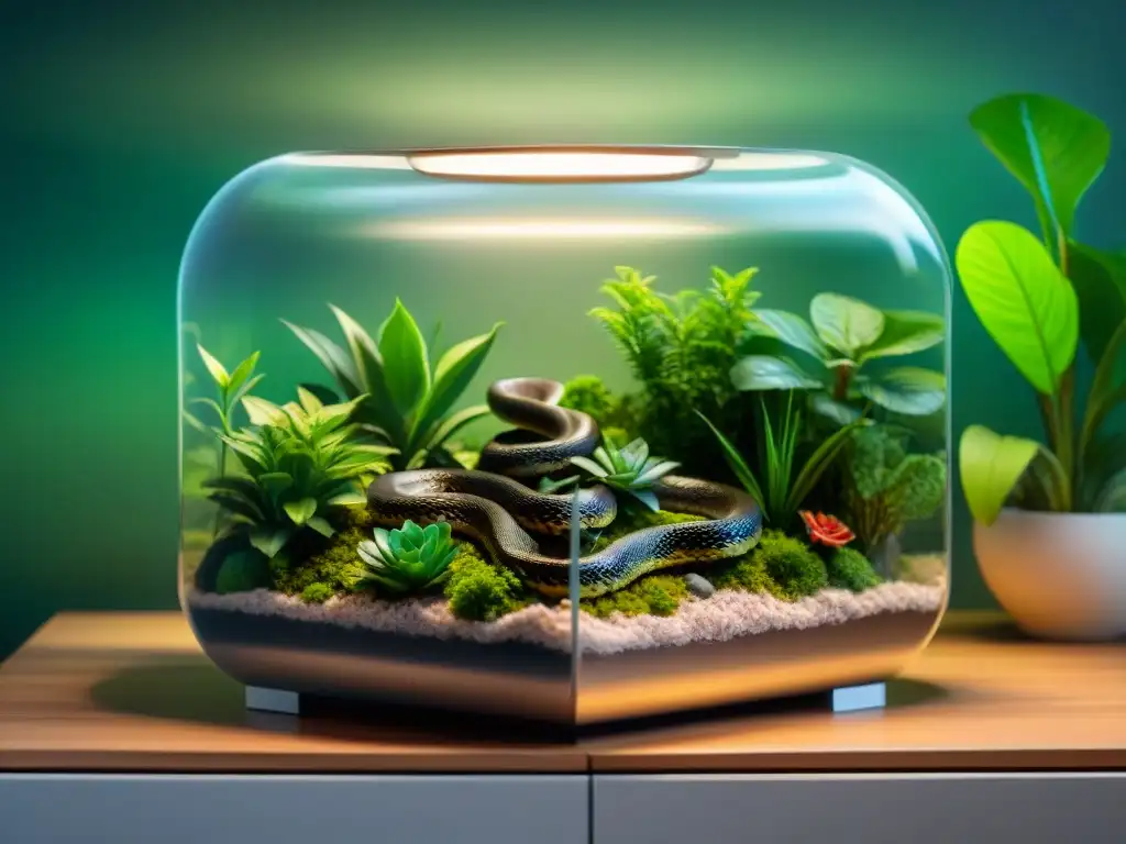 Terrario para serpientes: diseño detallado en la jungla Terrario detallado con accesorios esenciales para serpientes en ambiente selvático vibrante