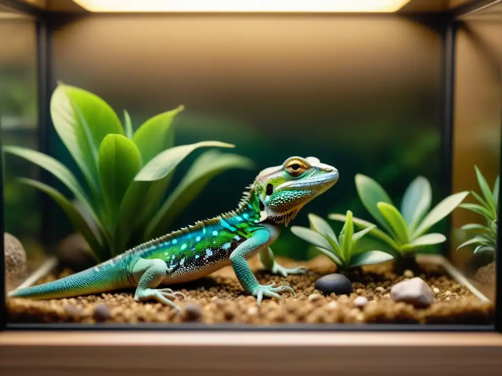 Terrario de lujo para lagarto: detallado y acogedor Un terrario espacioso y bien equipado para un lagarto, con lámparas de calor, escondites, ramas y plantas
