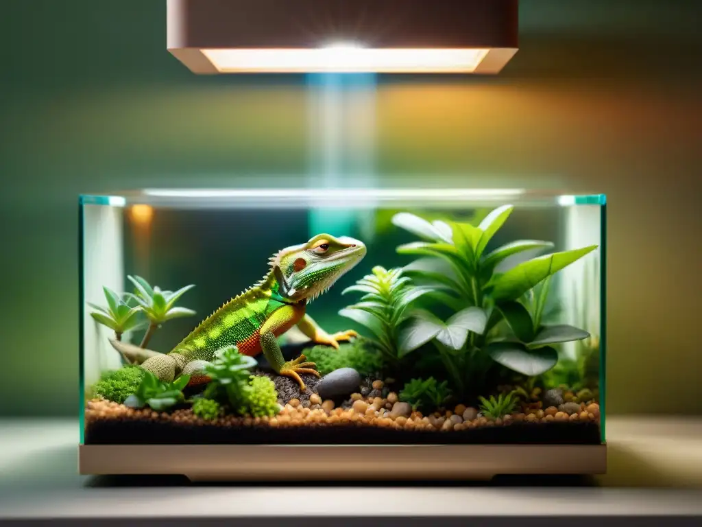Terrario detallado y realista para lagarto: entorno natural y acogedor Un terrario espacioso y bien equipado para un lagarto, con plantas, rocas, rama y lámpara de calor