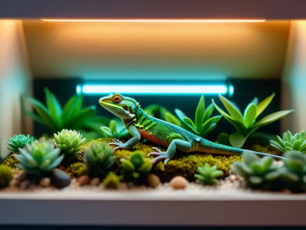 Hábitat ideal para tu lagarto: terrario espacioso y equipado Un terrario espacioso y bien equipado para un lagarto mascota, lleno de plantas verdes y escondites