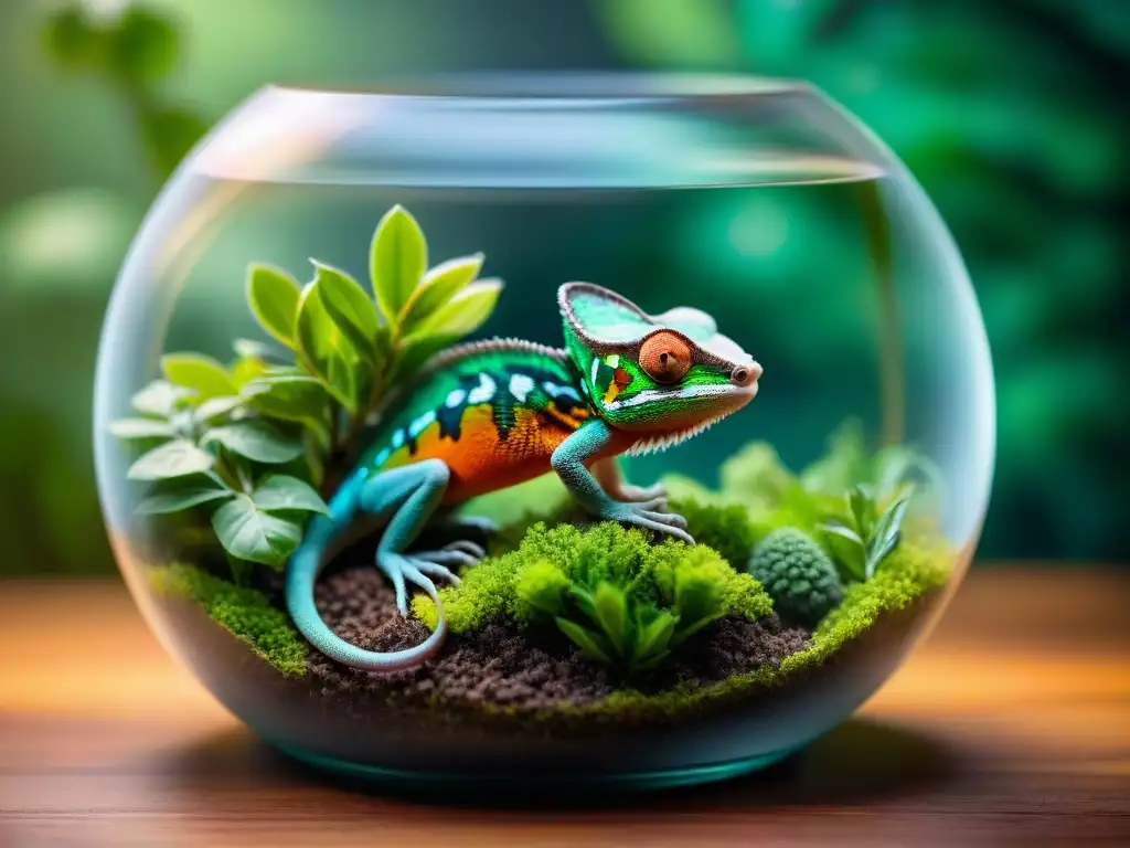 Terrario exótico con camaleón vibrante Un terrario espacioso lleno de exuberante vegetación, rocas y ramas