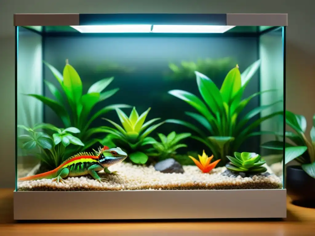 Terrario exótico: hábitat ideal para tu mascota Un terrario espacioso con plantas exuberantes, cascada y lagarto exótico bajo lámpara de calor