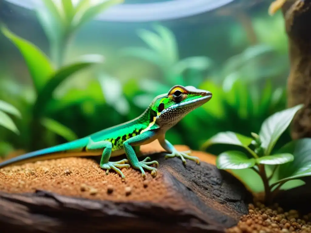 Terrario exuberante con lagartija: armonía de luz y naturaleza Un terrario espacioso con plantas verdes exuberantes, rocas y ramas, bañado por luz natural