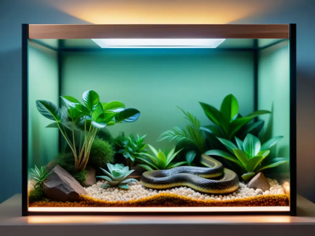 Terrario exótico para serpiente: diseño sereno y seguro Un terrario exótico y sereno diseñado para serpientes mascota, con vegetación exuberante y accesorios adecuados
