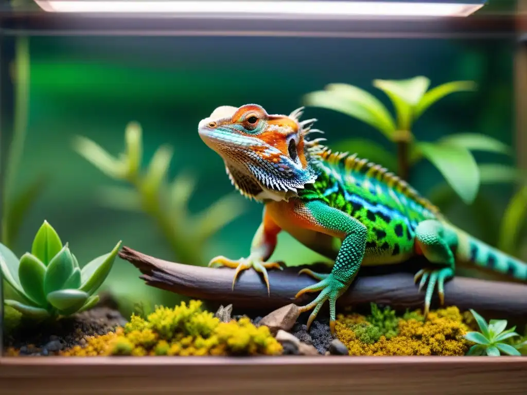 Terrario exótico con lagartos: bearded dragon, gecko y camaleón Un terrario exótico y vibrante con lagartos mascotas en su hábitat natural