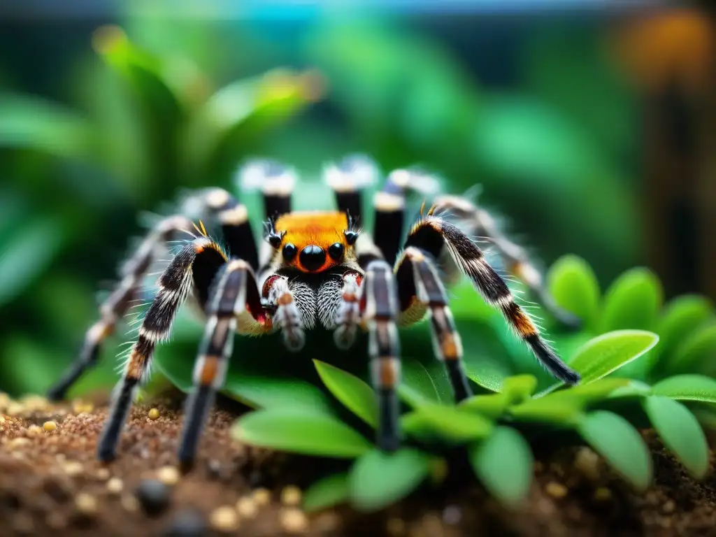 Un terrario exuberante con arañas exóticas vibrantes como la tarántula ornamental zafiro de Gooty y la tarántula mexicana de rodilla roja